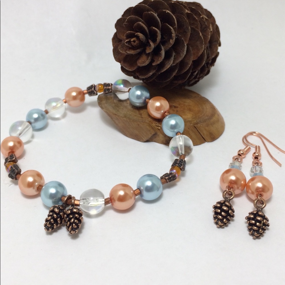 Orange & Blue Pearls Stretch Bracelet + Earrings